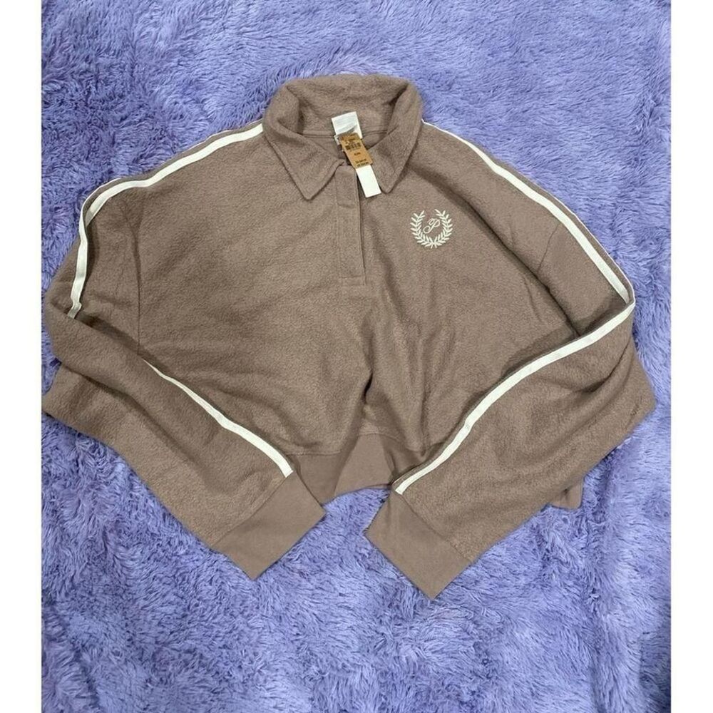 Pink Reverse Fleece Cropped‎ Polo Sweatshirt Size XL